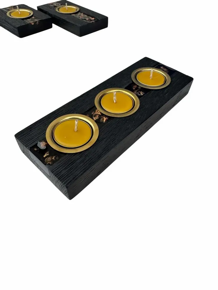 Bougeoirs et photophores  - Bougeoir en chêne noir et métal doré, 30x100x80 mm – bande horizontale - GLASS4CANDLES