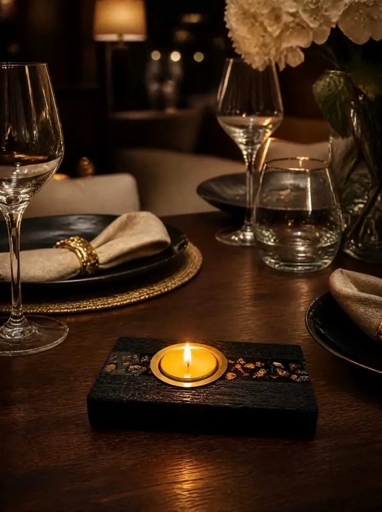 Bougeoirs et photophores  - Bougeoir en chêne noir et métal doré, 30x100x80 mm – bande horizontale - GLASS4CANDLES