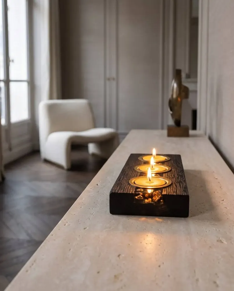 Candlesticks and candle holders - Bog Oak & Gold-tone Metal Tealight Holder, 30x220x80 mm – Model 3D0232 - GLASS4CANDLES