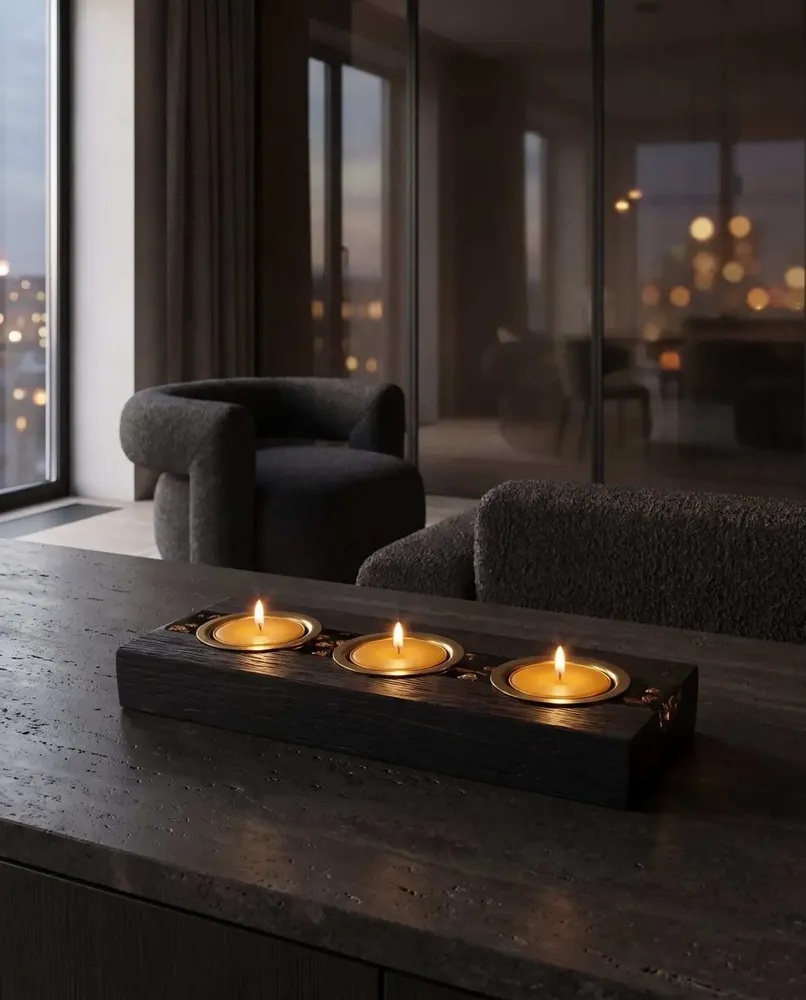 Candlesticks and candle holders - Bog Oak & Gold-tone Metal Tealight Holder, 30x220x80 mm – Model 3D0232 - GLASS4CANDLES