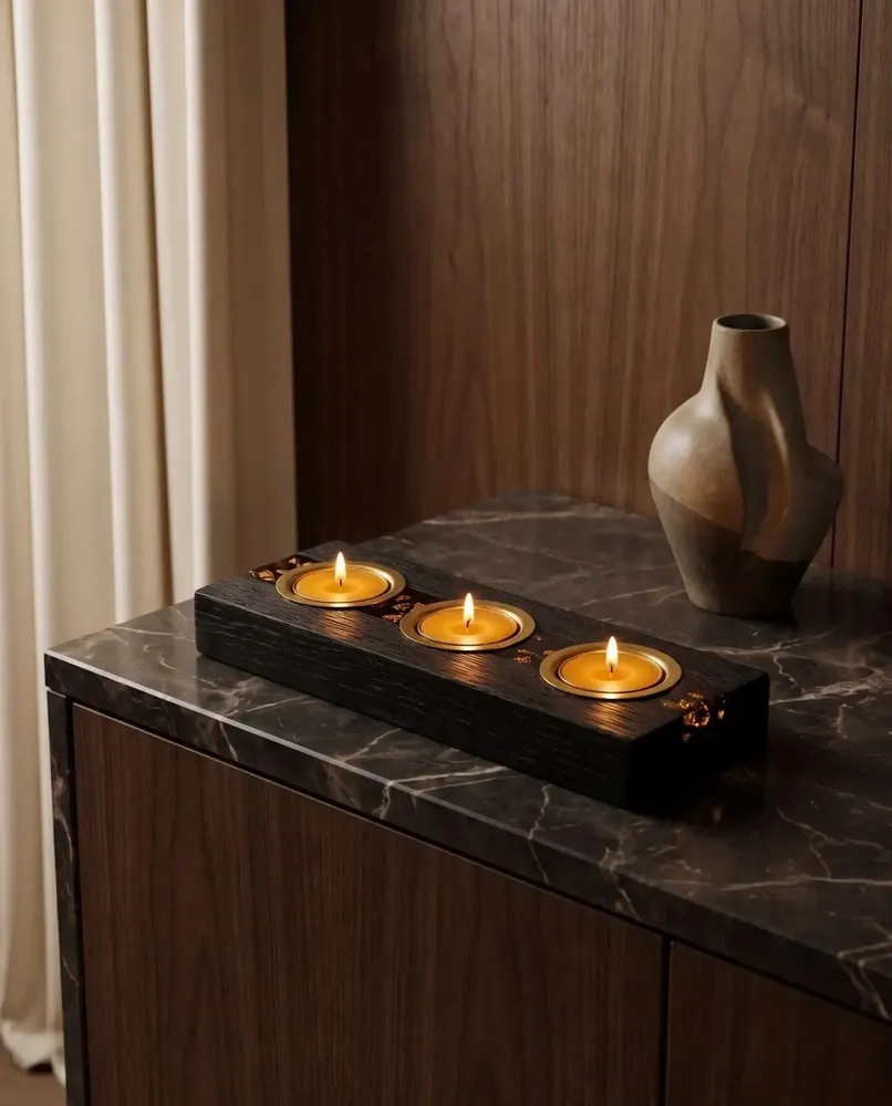 Candlesticks and candle holders - Bog Oak & Gold-tone Metal Tealight Holder, 30x220x80 mm – Model 3D0232 - GLASS4CANDLES