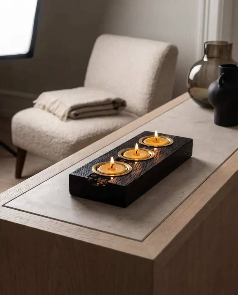 Candlesticks and candle holders - Bog Oak & Gold-tone Metal Tealight Holder, 30x220x80 mm – Model 3D0232 - GLASS4CANDLES