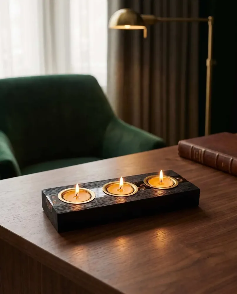 Candlesticks and candle holders - Bog Oak & Gold-tone Metal Tealight Holder, 30x220x80 mm – Model 3D0232 - GLASS4CANDLES