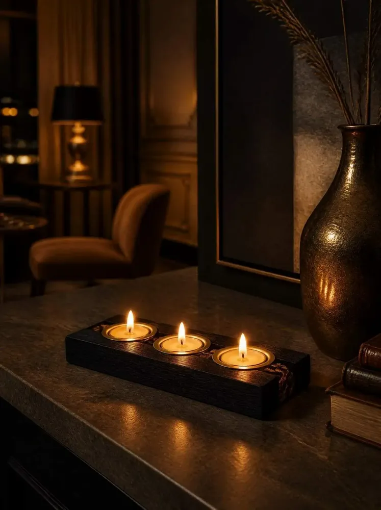 Candlesticks and candle holders - Bog Oak & Gold-tone Metal Tealight Holder, 30x220x80 mm – Model 3D0232 - GLASS4CANDLES