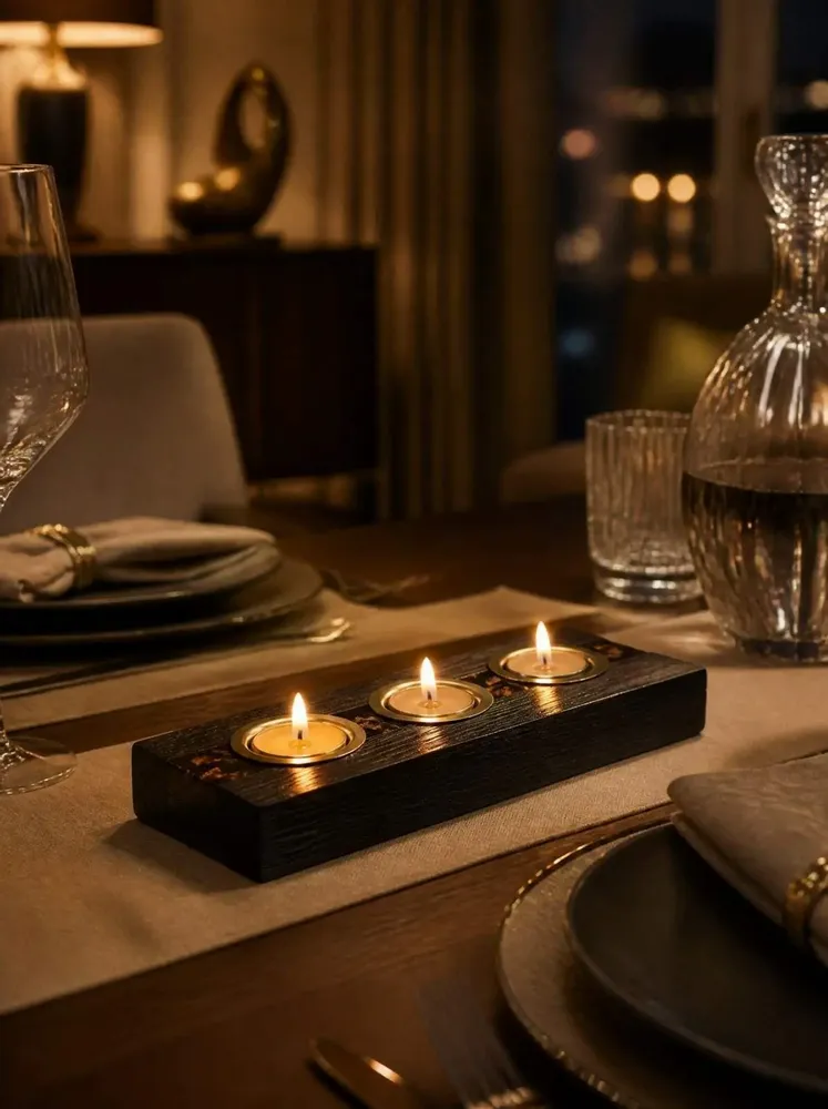 Candlesticks and candle holders - Bog Oak & Gold-tone Metal Tealight Holder, 30x220x80 mm – Model 3D0232 - GLASS4CANDLES