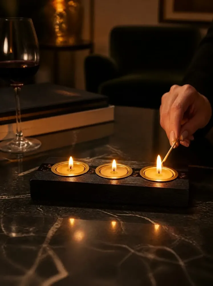 Candlesticks and candle holders - Bog Oak & Gold-tone Metal Tealight Holder, 30x220x80 mm – Model 3D0232 - GLASS4CANDLES