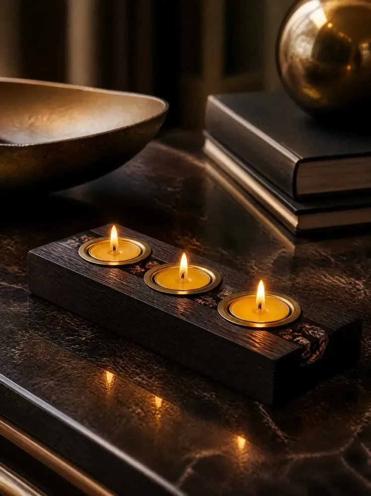 Candlesticks and candle holders - Bog Oak & Gold-tone Metal Tealight Holder, 30x220x80 mm – Model 3D0232 - GLASS4CANDLES
