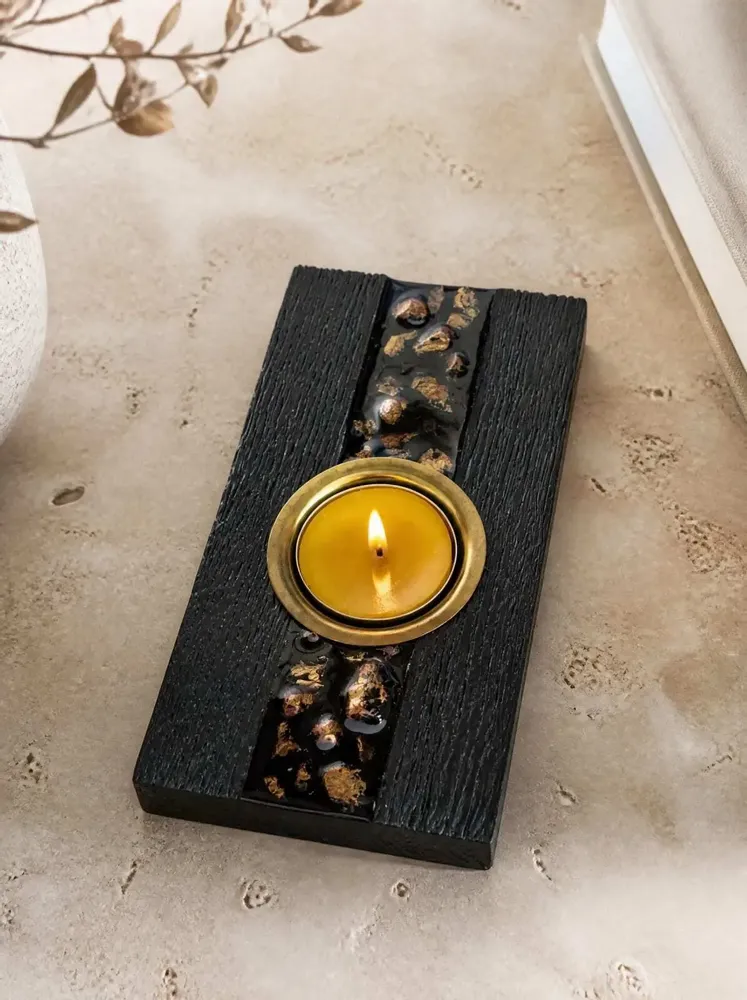 Bougeoirs et photophores  - Bougeoir en chêne noir et métal doré – pour 1 bougie chauffe-plat - GLASS4CANDLES