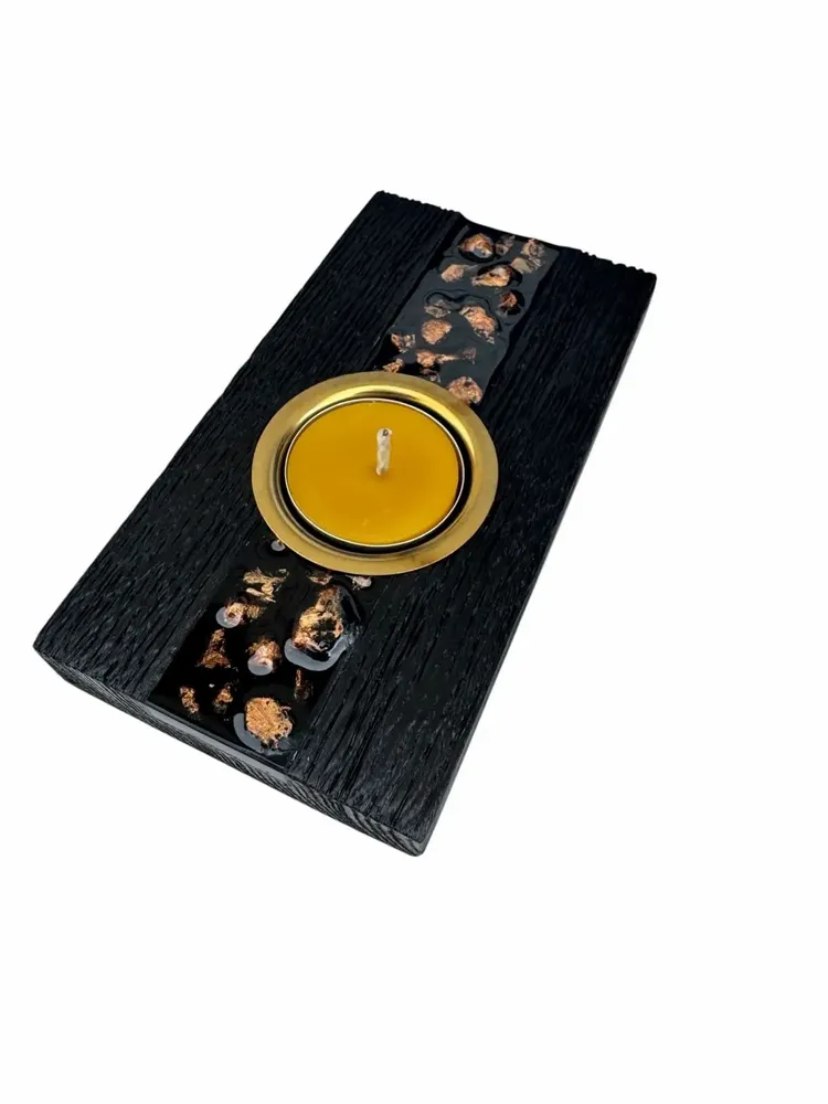 Bougeoirs et photophores  - Bougeoir en chêne noir et métal doré – pour 1 bougie chauffe-plat - GLASS4CANDLES