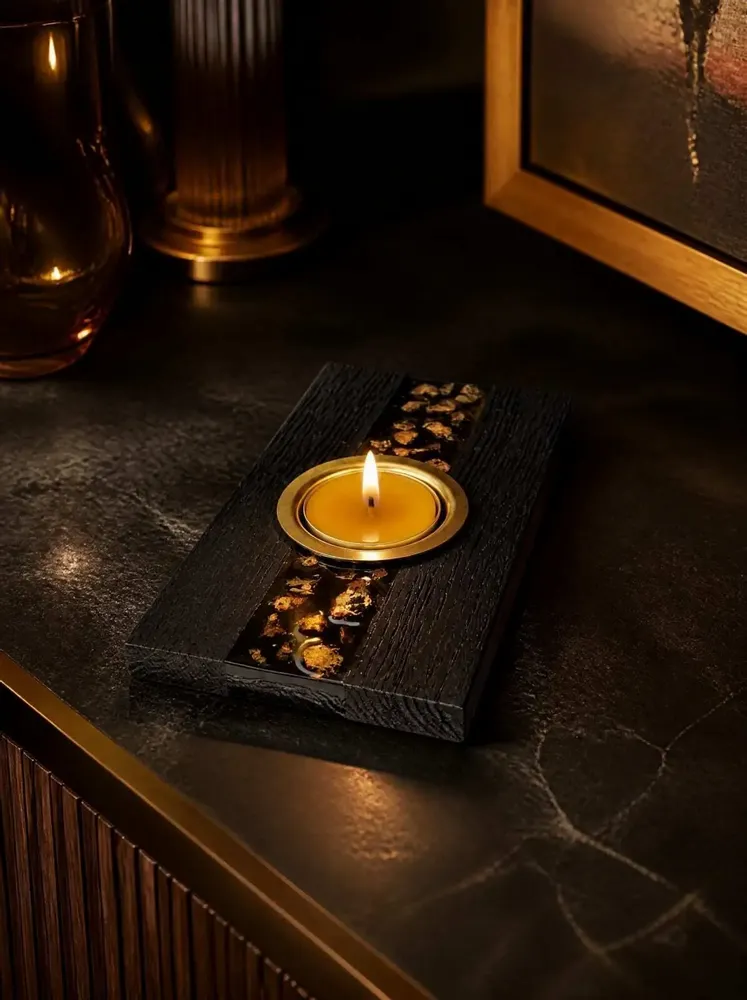 Bougeoirs et photophores  - Bougeoir en chêne noir et métal doré – pour 1 bougie chauffe-plat - GLASS4CANDLES