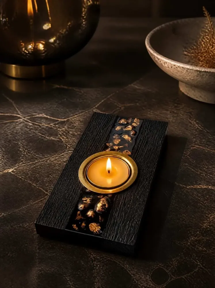 Bougeoirs et photophores  - Bougeoir en chêne noir et métal doré – pour 1 bougie chauffe-plat - GLASS4CANDLES