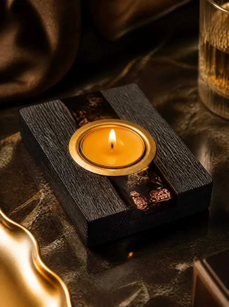 Candlesticks and candle holders - Bog Oak & Gold-tone Metal Tealight Holder – vertical gold-tone stripe - GLASS4CANDLES