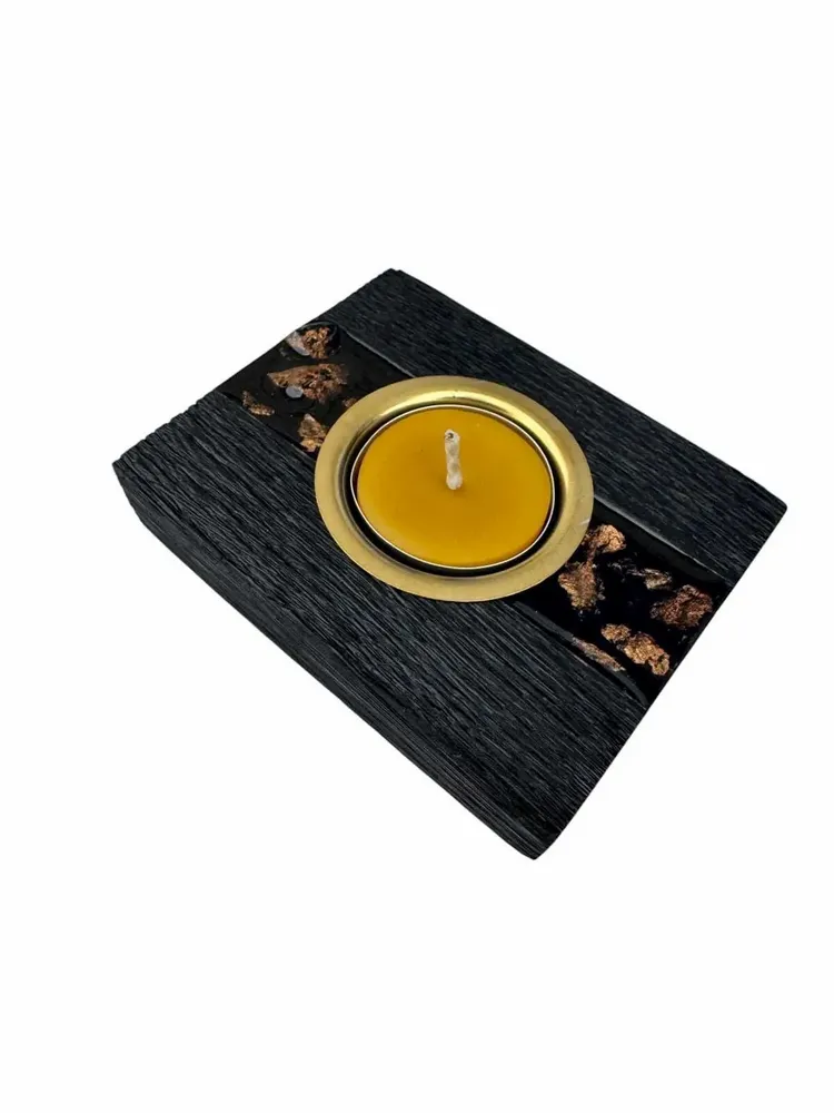 Candlesticks and candle holders - Bog Oak & Gold-tone Metal Tealight Holder – vertical gold-tone stripe - GLASS4CANDLES