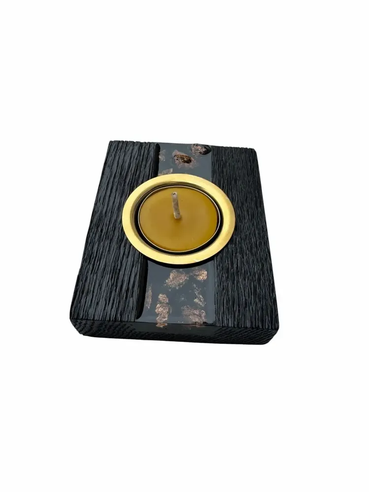 Candlesticks and candle holders - Bog Oak & Gold-tone Metal Tealight Holder – vertical gold-tone stripe - GLASS4CANDLES