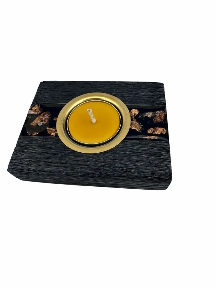 Candlesticks and candle holders - Bog Oak & Gold-tone Metal Tealight Holder – vertical gold-tone stripe - GLASS4CANDLES