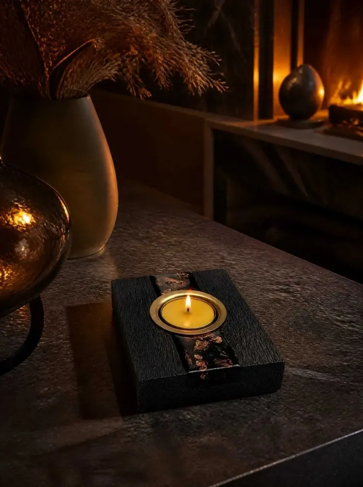 Candlesticks and candle holders - Bog Oak & Gold-tone Metal Tealight Holder – vertical gold-tone stripe - GLASS4CANDLES