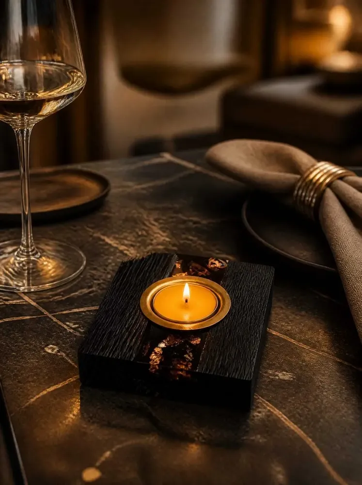 Candlesticks and candle holders - Bog Oak & Gold-tone Metal Tealight Holder – vertical gold-tone stripe - GLASS4CANDLES