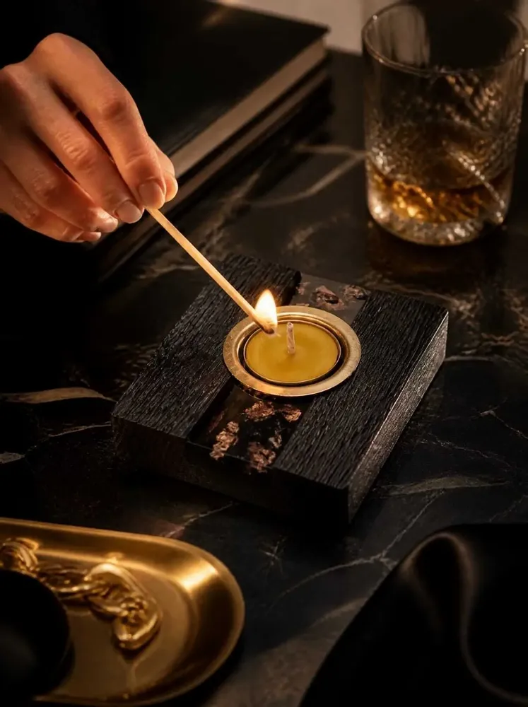 Candlesticks and candle holders - Bog Oak & Gold-tone Metal Tealight Holder – vertical gold-tone stripe - GLASS4CANDLES