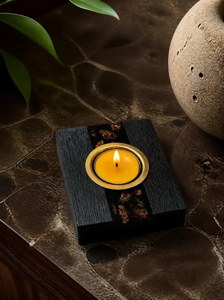 Candlesticks and candle holders - Bog Oak & Gold-tone Metal Tealight Holder – vertical gold-tone stripe - GLASS4CANDLES
