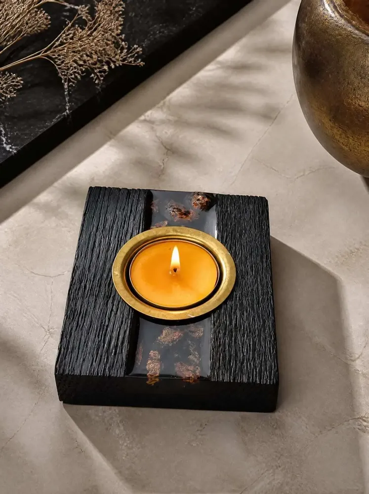 Candlesticks and candle holders - Bog Oak & Gold-tone Metal Tealight Holder – vertical gold-tone stripe - GLASS4CANDLES