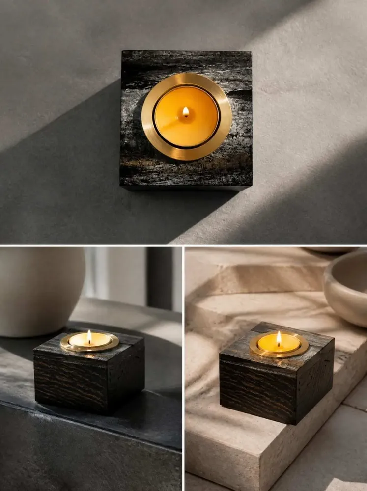Candlesticks and candle holders - Bog Oak & Gold-tone Metal Tealight Holder – Rectangle – Model 1D0208 - GLASS4CANDLES