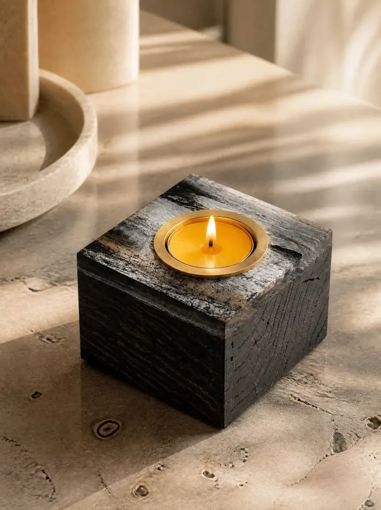 Candlesticks and candle holders - Bog Oak & Gold-tone Metal Tealight Holder – Rectangle – Model 1D0208 - GLASS4CANDLES