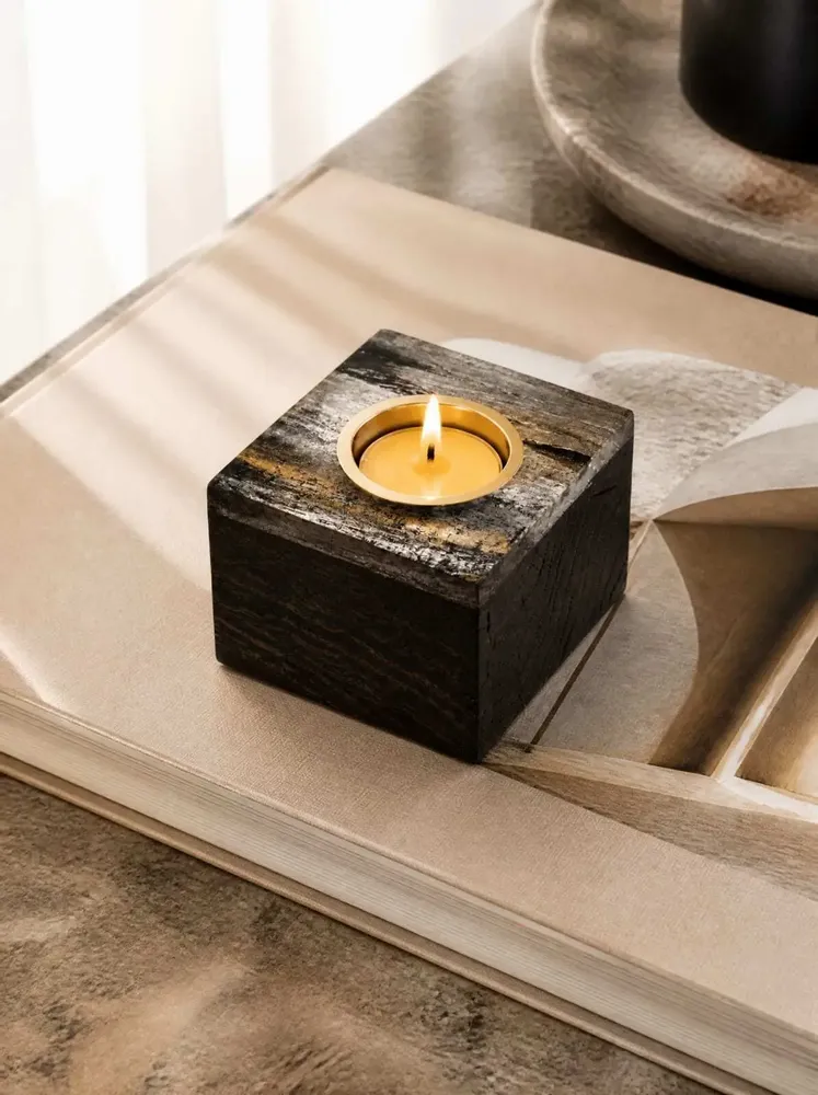 Candlesticks and candle holders - Bog Oak & Gold-tone Metal Tealight Holder – Rectangle – Model 1D0208 - GLASS4CANDLES