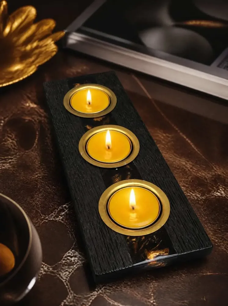 Bougeoirs et photophores  - Bougeoir en chêne noir et métal doré, 30x220x80 mm – modèle 3D0236 - GLASS4CANDLES