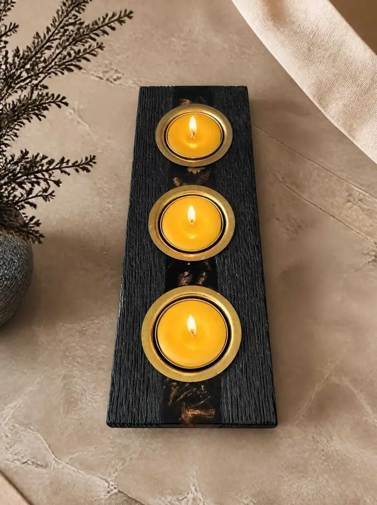 Bougeoirs et photophores  - Bougeoir en chêne noir et métal doré, 30x220x80 mm – modèle 3D0236 - GLASS4CANDLES