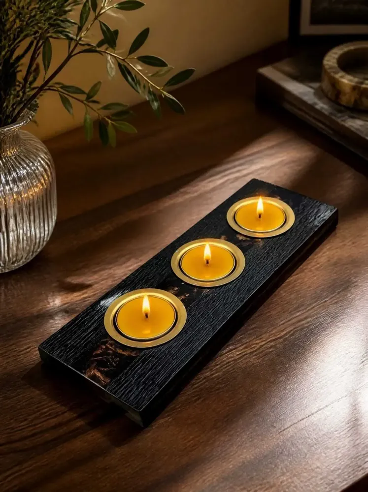 Bougeoirs et photophores  - Bougeoir en chêne noir et métal doré, 30x220x80 mm – modèle 3D0236 - GLASS4CANDLES