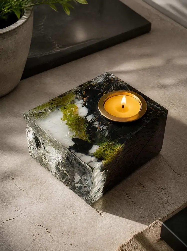 Candlesticks and candle holders - Bog Oak & Gold-tone Metal Tealight Candle Holder – 85x185x85 mm - GLASS4CANDLES