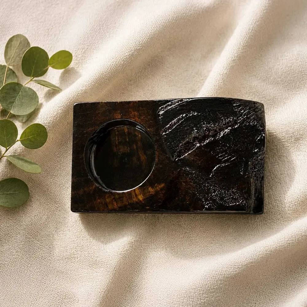 Candlesticks and candle holders - Bog Oak & Gold-tone Metal Tealight Candle Holder – Rectangle – block - GLASS4CANDLES