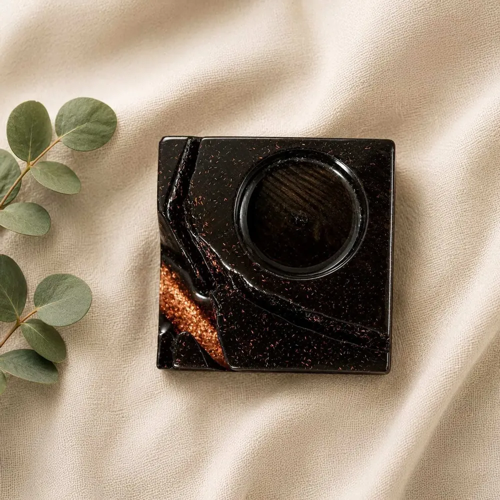 Candlesticks and candle holders - Bog Oak & Gold-tone Metal Tealight Holder – black block, raw edge - GLASS4CANDLES