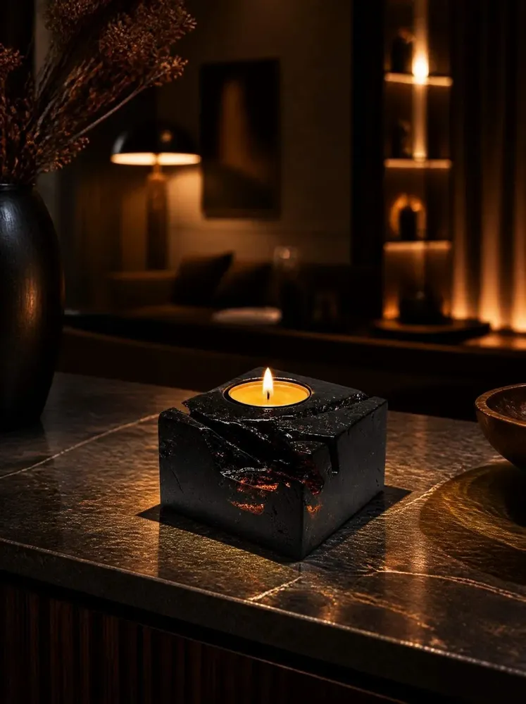 Candlesticks and candle holders - Bog Oak & Gold-tone Metal Tealight Holder – black block, raw edge - GLASS4CANDLES
