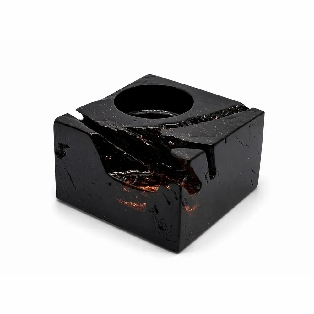 Candlesticks and candle holders - Bog Oak & Gold-tone Metal Tealight Holder – black block, raw edge - GLASS4CANDLES