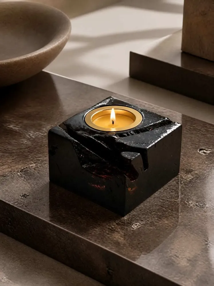 Candlesticks and candle holders - Bog Oak & Gold-tone Metal Tealight Holder – black block, raw edge - GLASS4CANDLES