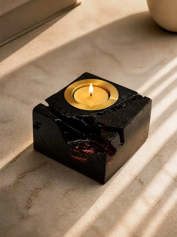 Candlesticks and candle holders - Bog Oak & Gold-tone Metal Tealight Holder – black block, raw edge - GLASS4CANDLES