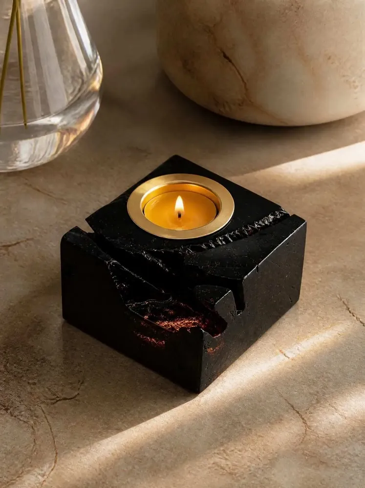 Candlesticks and candle holders - Bog Oak & Gold-tone Metal Tealight Holder – black block, raw edge - GLASS4CANDLES