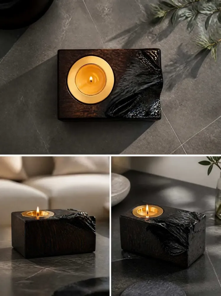 Bougeoirs et photophores  - Bougeoir en chêne noir et métal doré, 100x150x100 mm – résine noire - GLASS4CANDLES