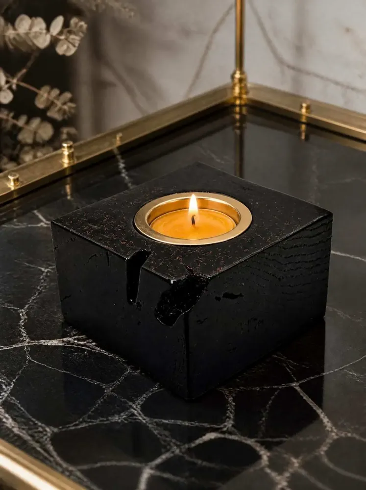 Bougeoirs et photophores  - Bougeoir en chêne noir et métal doré – rectangle – bloc noir - GLASS4CANDLES