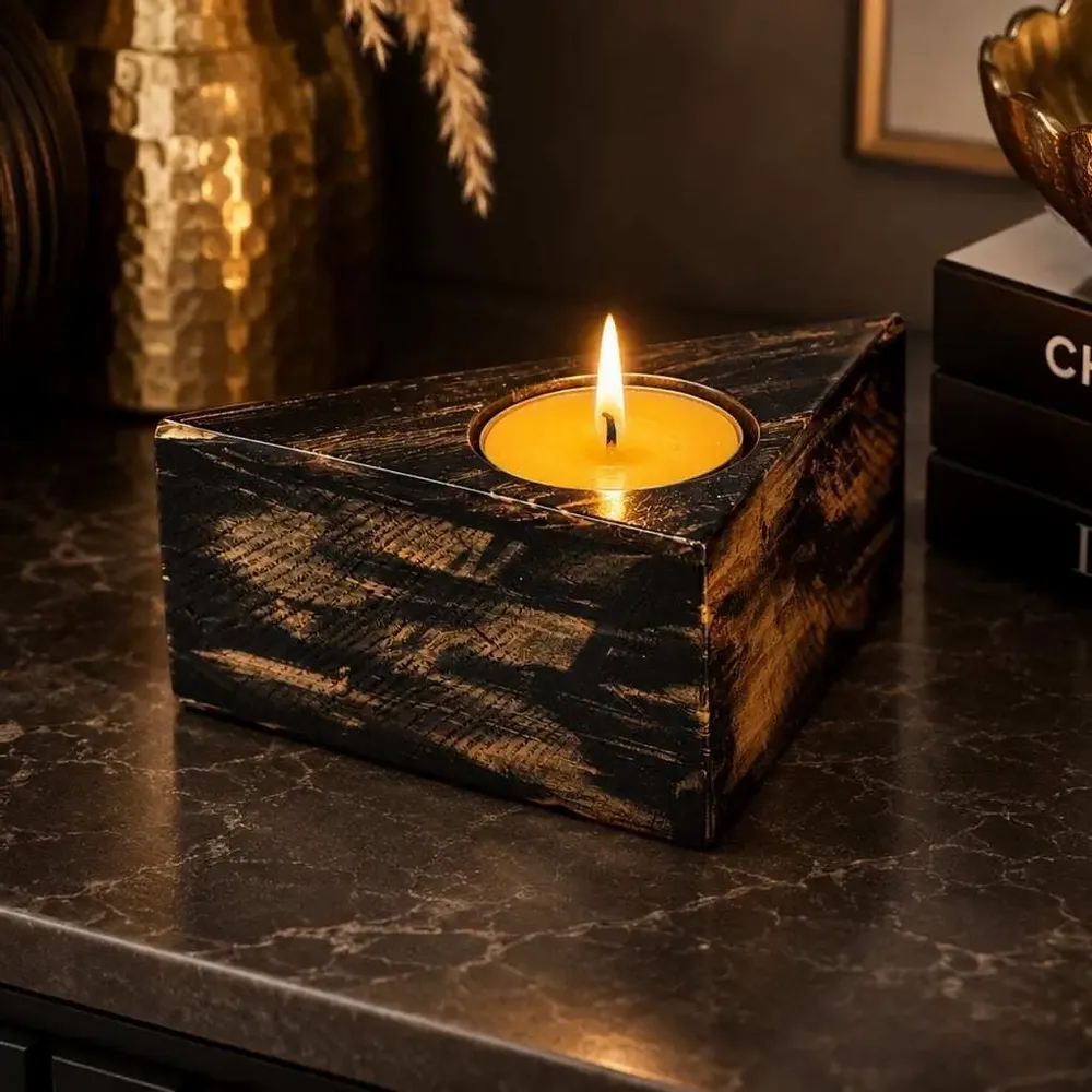 Bougeoirs et photophores  - Bougeoir en chêne noir et métal doré – triangle, 50x100x100 mm - GLASS4CANDLES