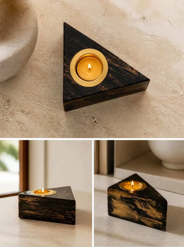 Bougeoirs et photophores  - Bougeoir en chêne noir et métal doré – triangle, 50x100x100 mm - GLASS4CANDLES