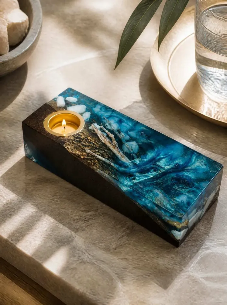 Candlesticks and candle holders - Bog Oak & Gold-tone Metal Tealight Holder – Rectangle, 50x200x70 mm - GLASS4CANDLES