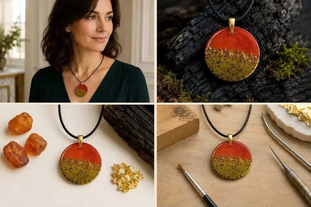 Jewelry - Bog Oak & Gold-Tone Leaf Pendant – Round, 39x38x6 mm – Material Space - GLASS4CANDLES