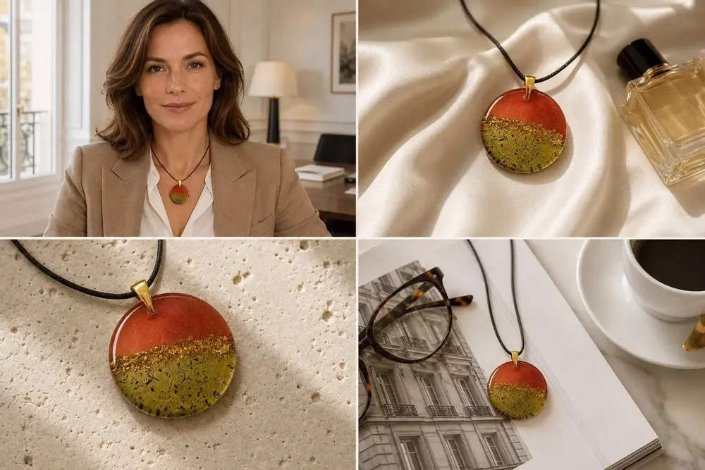 Jewelry - Bog Oak & Gold-Tone Leaf Pendant – Round, 39x38x6 mm – Material Space - GLASS4CANDLES