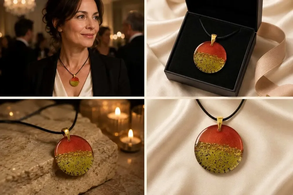 Jewelry - Bog Oak & Gold-Tone Leaf Pendant – Round, 39x38x6 mm – Material Space - GLASS4CANDLES