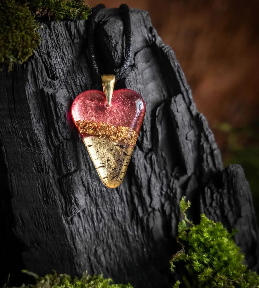Jewelry - Bog Oak & Gold-Tone Leaf Pendant – Heart, 38x26x6 mm – Material Space - GLASS4CANDLES