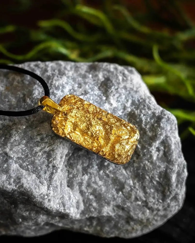 Jewelry - Bog Oak & Gold-Tone Leaf Pendant – Rectangle – Eternal Flow - GLASS4CANDLES