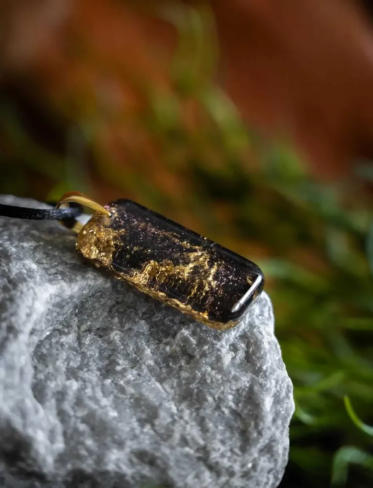 Jewelry - Bog Oak & Gold-Tone Leaf Pendant – Rectangle – Eternal Flow - GLASS4CANDLES