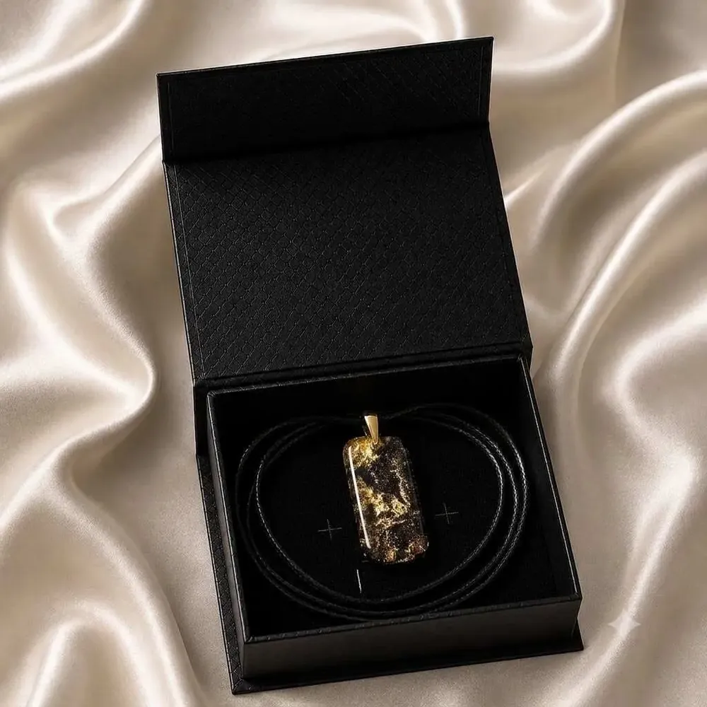 Jewelry - Bog Oak & Gold-Tone Leaf Pendant – Rectangle – Eternal Flow - GLASS4CANDLES